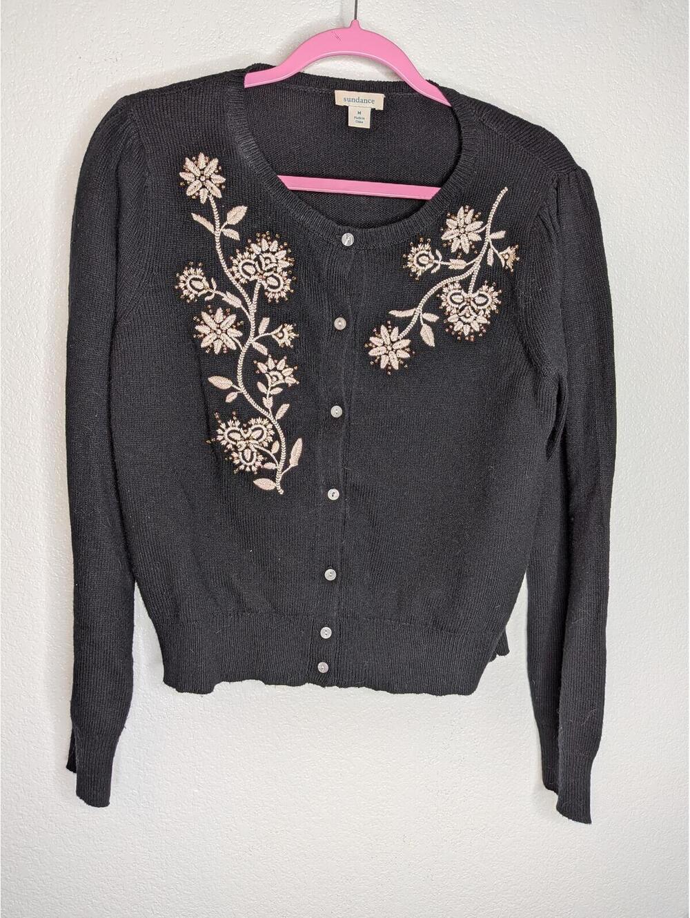 Sundance Embroidered Floral Cardigan Black Cotton Wool Blend Size M